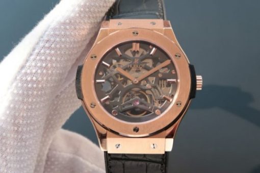 Replica Hublot Classic Fusion Tourbillon RG 45mm TF Skeleton Dial Black Gummy Strap A23J