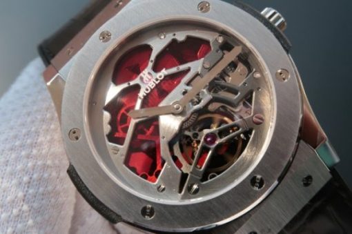 Replica Hublot Classic Fusion Tourbillon 45mm TF Red Skeleton Dial Black Gummy Strap A23J - Image 2