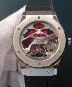 Replica Hublot Classic Fusion Tourbillon 45mm TF Red Skeleton Dial Black Gummy Strap A23J