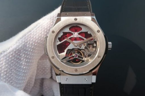 Replica Hublot Classic Fusion Tourbillon 45mm TF Red Skeleton Dial Black Gummy Strap A23J