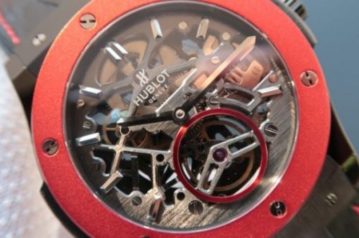Replica Hublot Classic Fusion Tourbillon 45mm TF Red Bezel Skeleton Dial Black Gummy Strap A23J - Image 2
