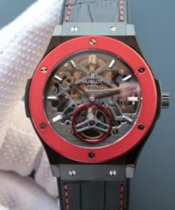 Replica Hublot Classic Fusion Tourbillon 45mm TF Red Bezel Skeleton Dial Black Gummy Strap A23J