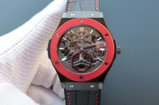 Replica Hublot Classic Fusion Tourbillon 45mm TF Red Bezel Skeleton Dial Black Gummy Strap A23J