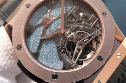 Replica Hublot Classic Fusion Tourbillon RG 45mm TF Skeleton Purple Dial Black Gummy Strap A23J - Image 2