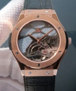 Replica Hublot Classic Fusion Tourbillon RG 45mm TF Skeleton Purple Dial Black Gummy Strap A23J