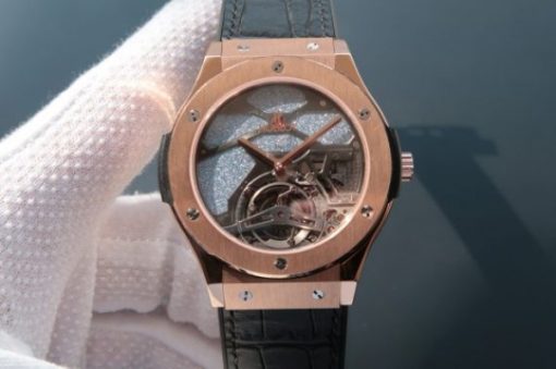 Replica Hublot Classic Fusion Tourbillon RG 45mm TF Skeleton Purple Dial Black Gummy Strap A23J