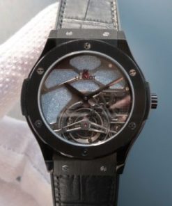 Replica Hublot Classic Fusion Tourbillon 45mm TF PVD Purple Skeleton Dial Black Gummy Strap A23J