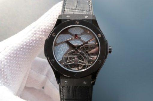 Replica Hublot Classic Fusion Tourbillon 45mm TF PVD Purple Skeleton Dial Black Gummy Strap A23J