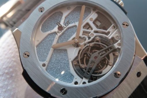 Replica Hublot Classic Fusion Tourbillon 45mm TF Purple Skeleton Dial Black Gummy Strap A23J - Image 2