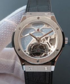 Replica Hublot Classic Fusion Tourbillon 45mm TF Purple Skeleton Dial Black Gummy Strap A23J