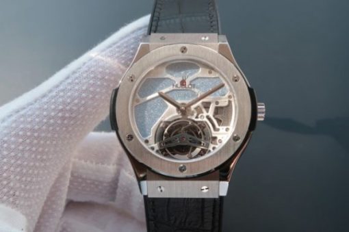 Replica Hublot Classic Fusion Tourbillon 45mm TF Purple Skeleton Dial Black Gummy Strap A23J