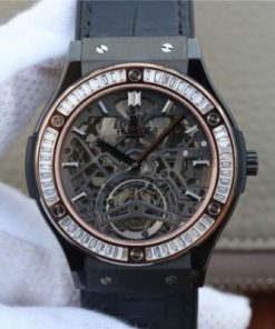 Replica Hublot Classic Fusion Tourbillon 42mm TF PVD Diamonds Bezel Skeleton Dial Gummy Strap A23J