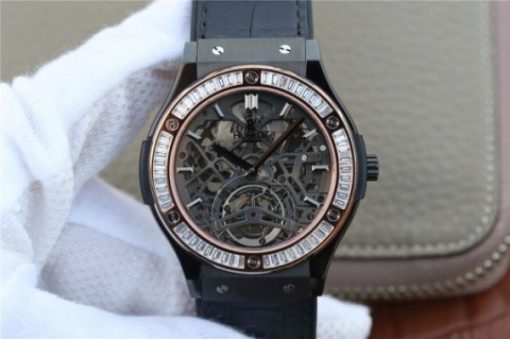 Replica Hublot Classic Fusion Tourbillon 42mm TF PVD Diamonds Bezel Skeleton Dial Gummy Strap A23J