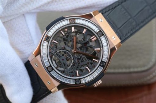 Replica Hublot Classic Fusion Tourbillon 42mm TF RG Skeleton Dial Black Gummy Strap A23J - Image 2