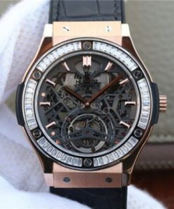 Replica Hublot Classic Fusion Tourbillon 42mm TF RG Skeleton Dial Black Gummy Strap A23J