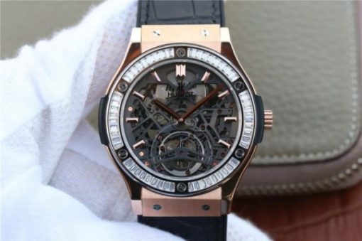 Replica Hublot Classic Fusion Tourbillon 42mm TF RG Skeleton Dial Black Gummy Strap A23J