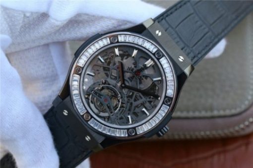 Replica Hublot Classic Fusion Tourbillon 42mm TF SS PVD Diamonds Bezel Skeleton Dial Gummy Strap A23J - Image 2