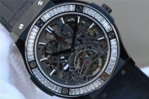 Replica Hublot Classic Fusion Tourbillon 42mm TF SS PVD Diamonds Bezel Skeleton Dial Gummy Strap A23J - Image 3