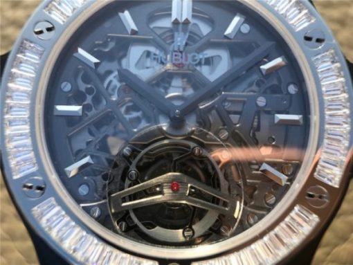 Replica Hublot Classic Fusion Tourbillon 42mm TF SS PVD Diamonds Bezel Skeleton Dial Gummy Strap A23J - Image 4