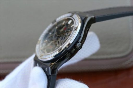 Replica Hublot Classic Fusion Tourbillon 42mm TF SS PVD Diamonds Bezel Skeleton Dial Gummy Strap A23J - Image 6