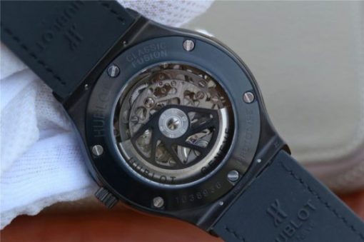 Replica Hublot Classic Fusion Tourbillon 42mm TF SS PVD Diamonds Bezel Skeleton Dial Gummy Strap A23J - Image 8