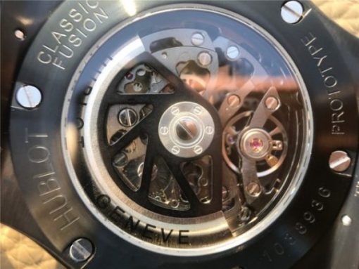 Replica Hublot Classic Fusion Tourbillon 42mm TF SS PVD Diamonds Bezel Skeleton Dial Gummy Strap A23J - Image 9