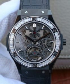 Replica Hublot Classic Fusion Tourbillon 42mm TF SS PVD Diamonds Bezel Skeleton Dial Gummy Strap A23J