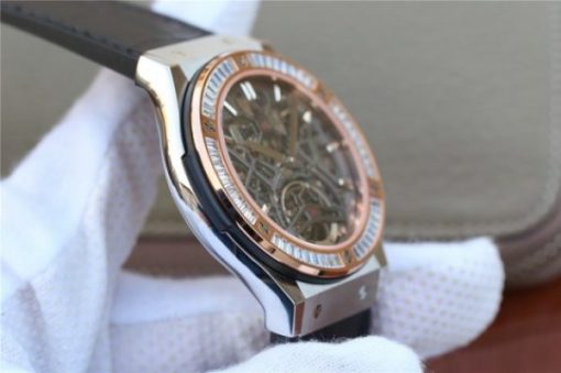 Replica Hublot Classic Fusion Tourbillon 42mm TF RG Bezel Skeleton Dial Black Gummy Strap A23J - Image 5