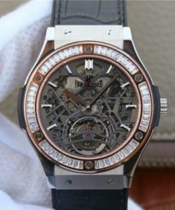 Replica Hublot Classic Fusion Tourbillon 42mm TF RG Bezel Skeleton Dial Black Gummy Strap A23J