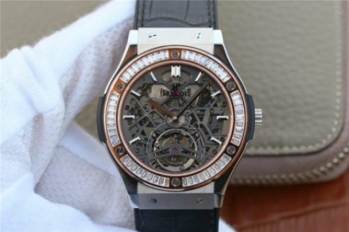 Replica Hublot Classic Fusion Tourbillon 42mm TF RG Bezel Skeleton Dial Black Gummy Strap A23J