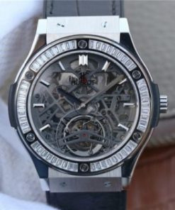 Replica Hublot Classic Fusion Tourbillon 42mm TF Skeleton Dial Black Gummy Strap A23J