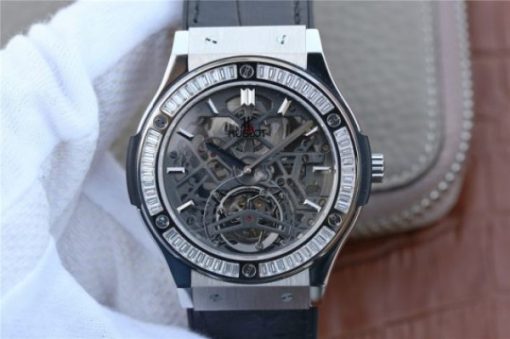 Replica Hublot Classic Fusion Tourbillon 42mm TF Skeleton Dial Black Gummy Strap A23J