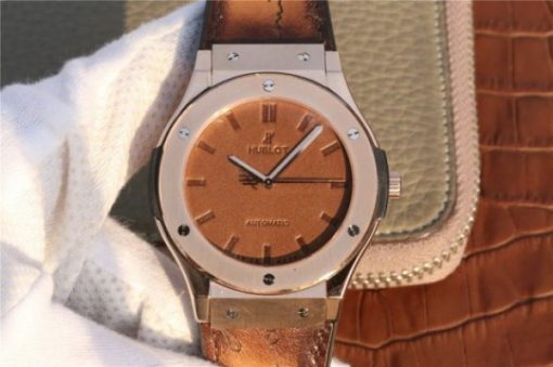 Replica Hublot Classic Fusion 45mm RG Berluti Scritto Brown Leather Dial Gummy Strap A2892