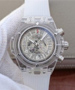 Replica Hublot Big Bang Unico Sapphire Plastic Case Skeleton Dial White Rubber Strap Jap Quartz