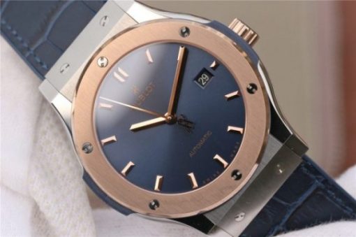 Replica Hublot Classic Fusion 42mm RG JJF Blue Dial Blue Gummy Strap A2892 - Image 3