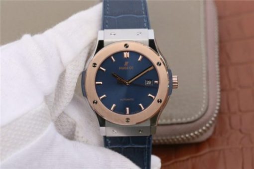 Replica Hublot Classic Fusion 42mm RG JJF Blue Dial Blue Gummy Strap A2892
