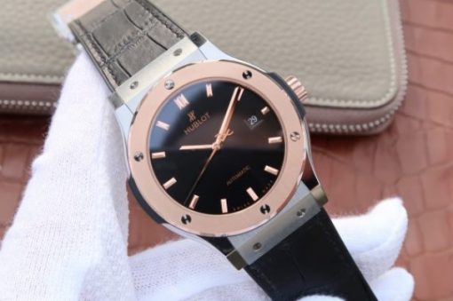 Replica Hublot Classic Fusion 42mm RG JJF Black Dial Gray Gummy Strap A2892 - Image 3