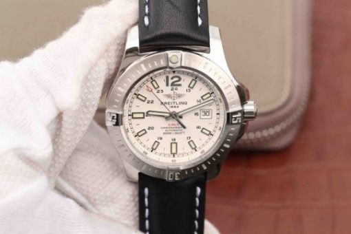 Replica Breitling Colt Automatic 44mm SS GF White Textured Dial on Black Leather Strap A2824