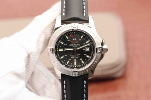 Replica Breitling Colt Automatic 44mm SS GF Black Textured Dial Black Leather Strap A2824