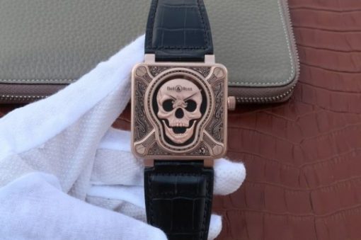 Replica Bell & Ross Bell & Ross BR01 RG Burning Skull Tattoo Watch RG Dial Leather Strap MIYOTA 9015