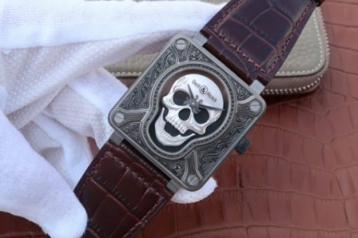 Replica Bell & Ross BR01 Burning Skull Tattoo Watch Silver Dial Brown Leather Strap MIYOTA 9015 - Image 2