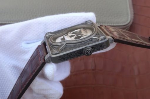 Replica Bell & Ross BR01 Burning Skull Tattoo Watch Silver Dial Brown Leather Strap MIYOTA 9015 - Image 4