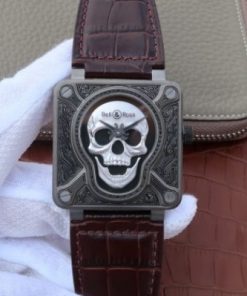 Replica Bell & Ross BR01 Burning Skull Tattoo Watch Silver Dial Brown Leather Strap MIYOTA 9015