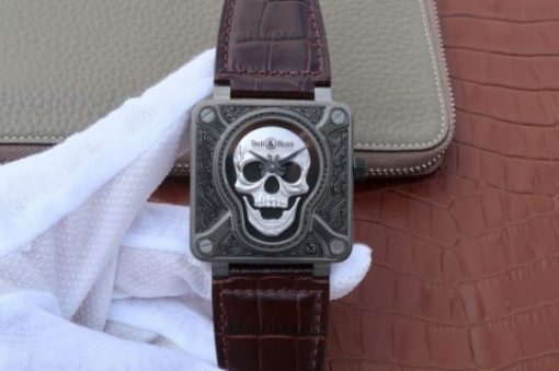 Replica Bell & Ross BR01 Burning Skull Tattoo Watch Silver Dial Brown Leather Strap MIYOTA 9015