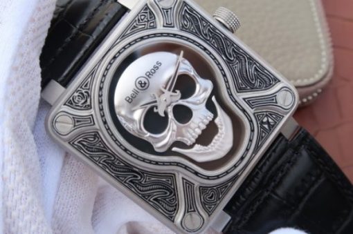 Replica Bell & Ross BR01 Burning Skull Tattoo Watch Silver Dial Black Leather Strap MIYOTA 9015 - Image 3
