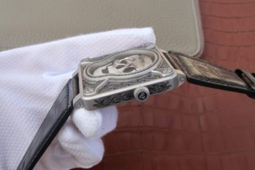 Replica Bell & Ross BR01 Burning Skull Tattoo Watch Silver Dial Black Leather Strap MIYOTA 9015 - Image 4