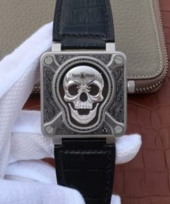 Replica Bell & Ross BR01 Burning Skull Tattoo Watch Silver Dial Black Leather Strap MIYOTA 9015