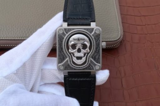 Replica Bell & Ross BR01 Burning Skull Tattoo Watch Silver Dial Black Leather Strap MIYOTA 9015
