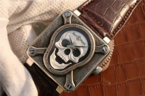 Replica Bell & Ross BR01 Silver Case Burning Skull Tattoo Watch Silver Dial Leather Strap MIYOTA 9015 - Image 2