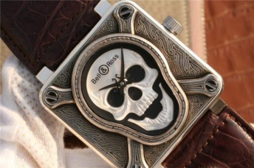 Replica Bell & Ross BR01 Silver Case Burning Skull Tattoo Watch Silver Dial Leather Strap MIYOTA 9015 - Image 3